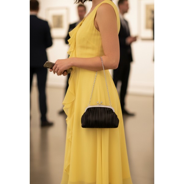 Evening Bag - Pleated Clutch w/ Rhinestone Frame - Black - BG-92056B